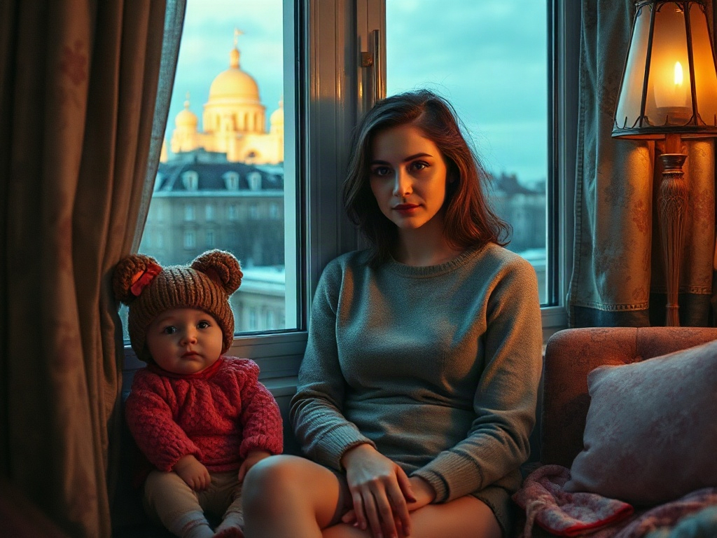 Мать и ребенок сидят у окна, сквозь которое виден светлый городской пейзаж. Теплая атмосфера и уют.