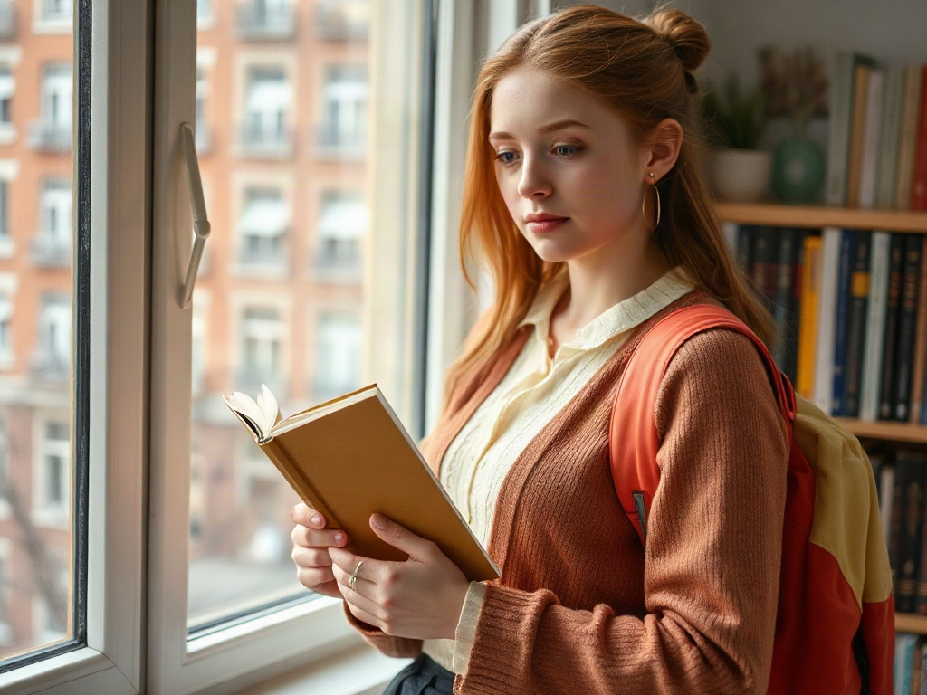 Девушка с рюкзаком читает книгу у окна, на фоне городских зданий. Светлое и спокойное настроение момента.